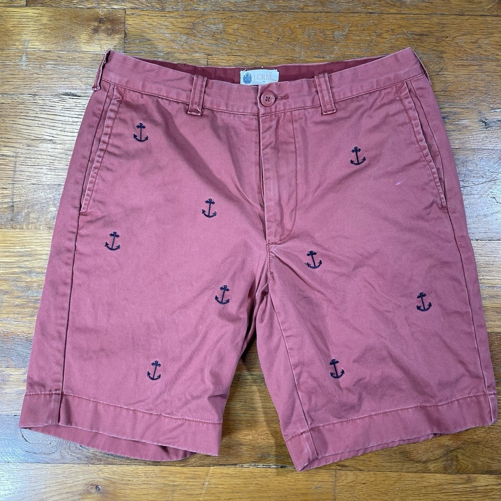 J Crew Mens Chino Shorts Red/Pink 30 Embroidered Anchors Print Cotton Preppy AOP